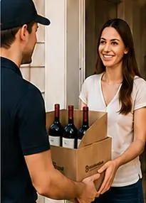 Corriere che consegna una cassa di vino a una cliente sulla porta di casa