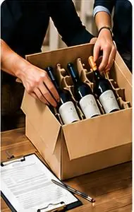 Bottiglie di vino sistemate in un imballo con separatori, accanto ai documenti di spedizione