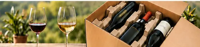 Bottiglie di vino in un imballo professionale e due calici, pronte per la spedizione negli USA