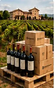 Casse di vino pronte per il ritiro davanti a una cantina tra i vigneti